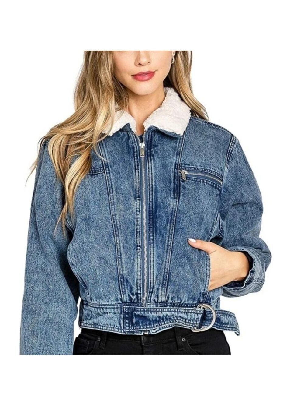 LOVE TREE DENIM SHERPA LINED AVIATOR JEAN JACKET SIZE MEDIUM LIKE NEW